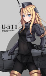 Rule 34 | 10s, 1girl, absurdres, bad id, bad pixiv id, blonde hair, blue eyes, character name, clothes writing, garrison cap, hat, highres, kantai collection, long hair, military, military uniform, sekigan, solo, u-511 (kancolle), uniform