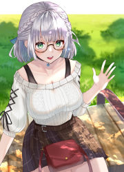 Rule 34 | 1girl, :d, absurdres, alternate costume, arm up, bench, black ribbon, black skirt, blue bow, bow, braid, breasts, cable knit, cleavage, glasses, grass, green eyes, hair bow, highres, hololive, jewelry, large breasts, looking at viewer, necklace, off-shoulder sweater, off shoulder, open mouth, outstretched hand, plaid, plaid skirt, pocketbook, ribbed sweater, ribbon, semi-rimless eyewear, shirogane noel, shirogane noel (casual), shiroserika, short hair, silver hair, sitting, skirt, smile, solo, strap, sweater, teeth, tongue, under-rim eyewear, upper teeth only, virtual youtuber, white sweater