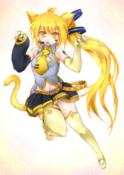 Rule 34 | 1girl, akita neru, animal ears, arm warmers, blonde hair, cat ears, cat tail, detached sleeves, elbow gloves, fang, gloves, headset, highres, jewelry, kemonomimi mode, long hair, magu (mugsfc), nail polish, navel, necktie, open mouth, panties, paw pose, ring, side ponytail, skirt, solo, striped clothes, striped panties, tail, tattoo, thighhighs, underwear, vocaloid, yellow eyes, yellow necktie
