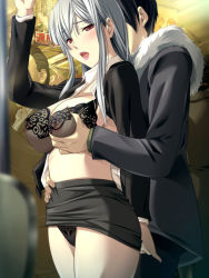 Rule 34 | 1boy, 1girl, :o, arm up, atelier kaguya, black bra, black hair, black panties, blurry, blush, bra, breasts, business suit, chikan, cleavage, clothes lift, coat, depth of field, formal, from side, fur trim, game cg, grabbing, grabbing another&#039;s breast, grabbing from behind, groping, half-closed eyes, hetero, himuro kanade, indoors, lace, lace-trimmed bra, lace-trimmed panties, lace trim, large breasts, lingerie, lipstick, long hair, long sleeves, m&amp;m, makeup, mature female, miniskirt, moaning, multiple boys, office lady, open clothes, open mouth, open shirt, panties, pants, pencil skirt, pink lips, public indecency, red eyes, saishuu chikan densha, saishuu chikan densha 3, see-through, shirt, short hair, sideboob, sidelocks, silver hair, skirt, skirt lift, skirt suit, standing, suit, takatori jin, torso grab, train, train interior, underwear, upskirt