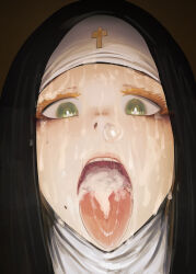 Rule 34 | 1girl, after fellatio, blonde hair, colored eyelashes, cross, cum, cum bubble, cum in mouth, cum in nose, facial, female focus, green eyes, highres, looking at viewer, mmmmmkun, nostrils, nun, open mouth, oral invitation, original, pubic hair, runny makeup, saliva, simple background, solo, stray pubic hair, teeth, tongue, tongue out, veil