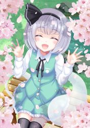 Rule 34 | 1girl, :d, ^ ^, absurdres, bench, black bow, black bowtie, black hairband, black thighhighs, bow, bowtie, buttons, cherry blossoms, closed eyes, collared shirt, closed eyes, flower, ghost, grass, green skirt, green vest, grey hair, hairband, highres, konpaku youmu, konpaku youmu (ghost), long sleeves, open mouth, outdoors, petals, pink flower, reimei (r758120518), shirt, short hair, sitting, skirt, skirt set, smile, solo, thighhighs, touhou, vest, white shirt
