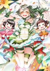 Rule 34 | 3girls, alternate costume, antenna hair, armpits, arms up, bare shoulders, black hair, blunt bangs, blurry, blurry foreground, blush, breasts, brown hair, character request, chibi, chibi inset, cluseller, covered navel, dress, fang, female focus, flat chest, flower, frilled dress, frills, full body, green dress, green eyes, green ribbon, hair flower, hair ornament, hair ribbon, hairclip, half-closed eyes, happy, high heels, hinamizawa kurumi, jumping, knees together feet apart, light particles, long hair, looking at viewer, medium breasts, mini person, minigirl, mole, mole under mouth, multiple girls, nose blush, open mouth, orange dress, orange eyes, outstretched arms, petals, pink dress, pygmalion. (group), red eyes, red footwear, ribbon, shiny clothes, shoes, side ponytail, sidelocks, skin fang, smile, spread arms, swept bangs, teeth, thigh gap, virtual youtuber, white flower, wind, yellow flower