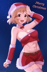 Rule 34 | 1girl, absurdres, belt, blonde hair, breasts, detached sleeves, fur collar, fur trim, hair ornament, hairclip, hand on own forehead, highres, large breasts, looking at viewer, merry christmas, mitamory, navel, open mouth, red shorts, santa costume, senki zesshou symphogear, short hair, shorts, sky, smile, solo, star (sky), starry sky, tachibana hibiki (symphogear), thighhighs, toned, white thighhighs, yellow eyes, zettai ryouiki