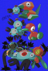 Rule 34 | 01coil, blue background, creatures (company), evolutionary line, floating, full body, game freak, gen 1 pokemon, gen 2 pokemon, gen 4 pokemon, gen 9 pokemon, highres, looking at viewer, looking to the side, magnemite, magneton, magnezone, nintendo, no humans, no mouth, pokemon, pokemon (creature), porygon, porygon-z, porygon2, red eyes, sandy shocks, simple background