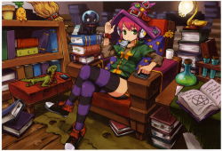 Rule 34 | 1girl, armchair, black border, book, book stack, border, broom, cat, chair, chan co, converse, crossed legs, earphones, green eyes, hand on headwear, hat, headphones, highres, lamp, lizard, looking at viewer, mouth hold, original, pink hair, purple thighhighs, rug, shoes, shorts, sitting, sneakers, solo, star (symbol), star print, striped clothes, striped thighhighs, study, thighhighs, white border, witch hat, wooden floor