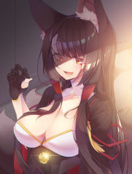 Rule 34 | 1girl, akagi (azur lane), animal ears, azur lane, black hair, breasts, brown eyes, day, fox ears, hakama, hakama skirt, hand up, highres, holding, holding hair, japanese clothes, large breasts, long hair, looking at viewer, nontraditional miko, open mouth, revision, shade, shaneru, skirt, smile, solo, teeth
