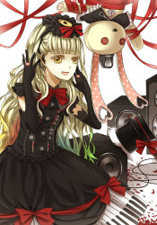 Rule 34 | 1girl, axe, blonde hair, dress, earrings, female focus, gloves, jewelry, long hair, mayu (vocaloid), microphone, nekoyanagi reo, ribbon, ring, solo, speaker, string, stuffed animal, stuffed rabbit, stuffed toy, vocaloid, weapon, white background, wire, yellow eyes