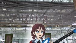 Rule 34 | 1girl, blue eyes, brown hair, collared shirt, electric guitar, gganchan, girls band cry, guitar, holding, holding guitar, holding instrument, indoors, instrument, iseri nina, open mouth, photo background, real world location, shirt, short twintails, solo, sweatdrop, twintails, white shirt