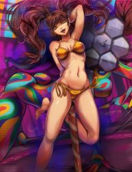 Rule 34 | 1girl, absurdres, arm behind head, arm up, armpits, barefoot, bikini, breasts, brown hair, cleavage, dual persona, earrings, floating hair, groin, hair between eyes, halterneck, highres, jewelry, kujikawa rise, long hair, looking at viewer, navel, persona, persona 4, pole, pole dancing, ribbon, shadow rise, shiny skin, side-tie bikini bottom, solo, string bikini, stripper pole, swimsuit, toasty scones, tongue, tongue out, twintails, very long hair, yellow bikini, yellow eyes, yellow ribbon