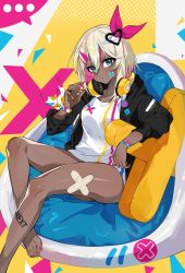 Rule 34 | 1girl, absurdres, bandaid, barefoot, blue eyes, bow, bracelet, chair, dark-skinned female, dark skin, english text, feet, hair bow, hair ornament, headphones, headphones around neck, heart, highres, jacket, jewelry, legs, looking at viewer, open clothes, open jacket, original, paradox (parapa), shirt, sitting, tan, tattoo, thighs, toes, white hair, white shirt
