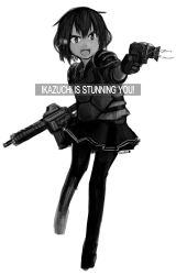 Rule 34 | 10s, 1girl, armor, artist name, assault rifle, black pantyhose, body armor, crossover, dual wielding, english text, eotech, ergot, fang, flak jacket, gloves, greyscale, gun, hair ornament, highres, holding, ikazuchi (kancolle), jacket, kantai collection, m4 carbine, monochrome, open mouth, pantyhose, payday (series), payday 2, pleated skirt, pun, rifle, short hair, shoulder pads, simple background, skirt, solo, taser, taser (payday), traditional media, weapon