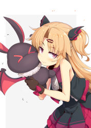 Rule 34 | &gt; &lt;, 1girl, akatsuki uni, bare shoulders, black dress, blonde hair, bow, brown gloves, closed mouth, dress, fang, fang out, flying sweatdrops, gloves, grey background, hair ornament, hairclip, highres, long hair, looking at viewer, ogami kazuki, parted bangs, purple bow, purple eyes, sleeveless, sleeveless dress, smile, solo, two-tone background, two side up, uni create, very long hair, virtual youtuber, white background