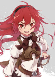 Rule 34 | 1girl, ahoge, black hairband, commentary request, eris greyrat, eyebrows hidden by hair, grey background, hair between eyes, hairband, highres, long hair, long sleeves, looking at viewer, mushoku tensei, open mouth, red eyes, red hair, sheath, sheathed, shirt, solo, sword, thick eyebrows, very long hair, weapon, weapon on back, white background, white shirt, yazwo