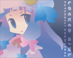 Rule 34 | 1girl, blue bow, bow, character name, chibi, crescent, english text, female focus, frills, hair bow, hat, inuinui, looking at viewer, mob cap, multi-tied hair, multiple hair bows, patchouli knowledge, pink bow, purple hair, red bow, solo, tareme, text focus, touhou, upper body