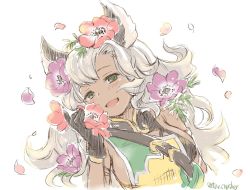 Rule 34 | 10s, 1girl, :d, animal ears, black gloves, blush, breasts, cat ears, erune, fang, flower, gloves, granblue fantasy, green eyes, grey hair, hair flower, hair ornament, hoshikuzushi, long hair, looking at viewer, nemone, open mouth, petals, sideboob, simple background, smile, solo, strap, twitter username, white background