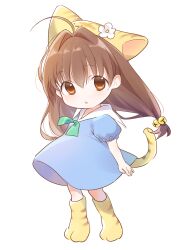 Rule 34 | 1girl, :o, ahoge, arms at sides, bell, blue dress, bow, bowtie, brown eyes, brown hair, chipochopo324, commentary request, di gi charat, dress, full body, green bow, green bowtie, hair bell, hair intakes, hair ornament, highres, jingle bell, light blush, long hair, looking at viewer, low twintails, paw shoes, puchiko, puffy short sleeves, puffy sleeves, sailor collar, short sleeves, simple background, solo, standing, tail, tiger hat, tiger tail, twintails, white background, white sailor collar