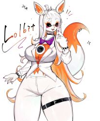 Rule 34 | animal ears, belt, black sclera, blush stickers, bow, bowtie, bracelet, breasts, colored sclera, ear piercing, five nights at freddy&#039;s, five nights at freddy's, fnaf world, formal, fox, fox ears, fox girl, fox tail, furry, furry female, highres, jewelry, large breasts, lolbit, long hair, multicolored hair, orange fur, orange hair, pants, piercing, purple bow, purple bowtie, purple nails, robot, smile, spiked bracelet, spikes, suit, tail, thick thighs, thigh belt, thigh strap, thighs, togetoge, very long hair, white eyes, white fur, white hair, white pants, wide hips