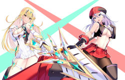 Rule 34 | 2girls, absurdres, aegis sword (xenoblade), alisa ilinichina amiella, bare legs, bare shoulders, blonde hair, breasts, cabbie hat, chest jewel, cleavage, cleavage cutout, clothing cutout, crossover, daive, dress, earrings, elbow gloves, gloves, god eater, hat, highres, huge weapon, jewelry, large breasts, long hair, multiple girls, mythra (xenoblade), pantyhose, short dress, skirt, suspender skirt, suspenders, swept bangs, thigh strap, tiara, underboob, very long hair, weapon, white dress, white gloves, xenoblade chronicles (series), xenoblade chronicles 2, yellow eyes
