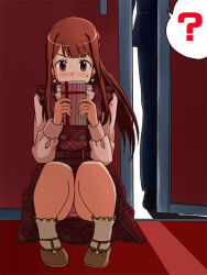 Rule 34 | 1boy, 1girl, ?, blush, box, box of chocolates, brown eyes, brown footwear, brown hair, buttons, checkered clothes, checkered dress, commentary request, door, dress, earrings, hands up, holding, holding box, idolmaster, idolmaster million live!, idolmaster million live! theater days, indoors, jewelry, legs, lielos, long hair, long sleeves, looking ahead, official alternate hairstyle, panties, pantyshot, pink panties, pink shirt, ponytail, private dress (idolmaster million live!), producer (idolmaster), red carpet, red dress, shirt, sidelocks, socks, spoken question mark, squatting, sweatdrop, tanaka kotoha, thighs, underwear, v-shaped eyebrows, white socks