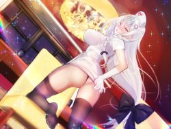 Rule 34 | 1girl, ass, azur lane, black bow, black panties, black ribbon, black thighhighs, blush, bow, braid, breasts, chair, dutch angle, from behind, gloves, hair bow, hair ribbon, hat, heart, hermione (azur lane), hermione (pure white angel) (azur lane), indoors, large breasts, long hair, looking at viewer, looking back, nanaken nana, no shoes, nose blush, nurse, nurse cap, open mouth, panties, ribbon, short sleeves, side braid, solo, sparkle, thighhighs, underwear, very long hair, white gloves, white hair, yellow eyes