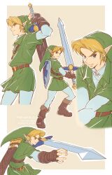 Rule 34 | 1boy, blonde hair, blue eyes, boots, border, brown footwear, cropped torso, green background, green headwear, green shirt, green tunic, highres, holding, holding sword, holding weapon, hylian shield, jewelry, layered sleeves, link, long sleeves, male focus, master sword, multiple views, nintendo, pants, pantyhose, parted bangs, pointy ears, sheath, shield, shield on back, shirt, short over long sleeves, short sleeves, sword, takapon-o-ji, the legend of zelda, the legend of zelda: ocarina of time, unsheathed, weapon, white border, white pants