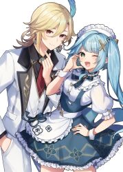 Rule 34 | 1boy, 1girl, apron, aqua hair, blonde hair, closed mouth, earrings, faruzan (cafe) (genshin impact), faruzan (genshin impact), feather hair ornament, feathers, finger heart, formal, genshin impact, hair between eyes, hair ornament, height difference, highres, jewelry, kaveh (genshin impact), kaveh (gigo) (genshin impact), long hair, long sleeves, looking at viewer, maid, maid apron, maid headdress, necktie, official alternate costume, one eye closed, open mouth, pants, red eyes, red necktie, shirase (shirose), simple background, smile, suit, symbol-shaped pupils, triangle-shaped pupils, twintails, upper body, vest, white background, white pants, white vest, x hair ornament