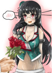 Rule 34 | 10s, 1girl, armlet, black gloves, black hair, blush, bouquet, breasts, choukai (kancolle), cleavage, embarrassed, flower, glasses, gloves, hair ornament, hat, kantai collection, koucha (ginnta-tosio), large breasts, long hair, midriff, red eyes, remodel (kantai collection), rimless eyewear, rose, school uniform, serafuku, skirt, solo focus, speech bubble