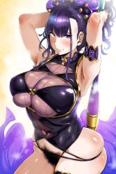 Rule 34 | 1girl, absurdres, armlet, armpits, arms up, black one-piece swimsuit, blush, bottomless, breasts, commentary request, covered navel, excessive pubic hair, fate/grand order, fate (series), female pubic hair, hair pulled back, hair up, hero neisan, highleg, highleg swimsuit, highres, huge breasts, looking at viewer, murasaki shikibu (fate), murasaki shikibu (swimsuit rider) (fate), murasaki shikibu (swimsuit rider) (first ascension) (fate), one-piece swimsuit, pubic hair, purple eyes, single thighhigh, skindentation, solo, sweat, swimsuit, thighhighs, underboob