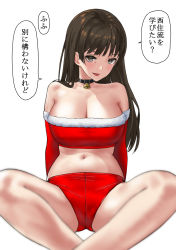 Rule 34 | 1girl, arms behind back, bare shoulders, bell, black choker, black eyes, black hair, blunt bangs, blurry, blurry foreground, breasts, choker, christmas, cleavage, commentary, crop top, depth of field, elbow gloves, fur-trimmed gloves, fur trim, girls und panzer, girls und panzer senshadou daisakusen!, gloves, head tilt, highres, large breasts, lips, long hair, long sleeves, navel, neck bell, nishizumi shiho, parted lips, red gloves, red shirt, red shorts, santa costume, shirt, short shorts, shorts, simple background, sitting, smile, solo, straight hair, strapless, translated, white background, yamano rita