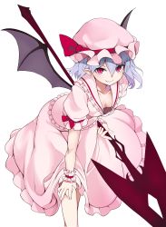Rule 34 | 1girl, absurdres, baicha, bat wings, black wings, breasts, closed mouth, downblouse, fang, fang out, hand on own knee, hat, hat ribbon, highres, holding, holding weapon, leaning forward, light purple hair, looking at viewer, mob cap, no bra, pink eyes, pink hat, pink shirt, pink skirt, pointy ears, red ribbon, remilia scarlet, ribbon, shirt, simple background, skirt, small breasts, smile, solo, spear the gungnir, touhou, weapon, white background, wings