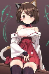 Rule 34 | 1girl, animal ears, bare shoulders, blush, breasts, brown eyes, brown hair, cat ears, cat girl, cleavage, holding, looking at viewer, luminous witches, shibuya inori, shimada fumikane, short hair, simple background, skirt, solo, tail, thighhighs, world witches series