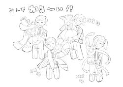 Rule 34 | 1boy, 3girls, :3, ^ ^, absurdres, antennae, arm up, arthropod girl, averting eyes, backpack, bag, blush, bow, carrying, ceruledge, closed eyes, closed mouth, collared shirt, cowboy shot, creatures (company), cropped legs, crown, facing viewer, flat chest, flower, game freak, gen 5 pokemon, gen 6 pokemon, gen 7 pokemon, greyscale, hair bow, hair flower, hair ornament, half-closed eyes, hands up, happy, highres, holding, holding pokemon, japanese text, legs together, light blush, lilligant, long hair, long sleeves, looking at viewer, looking to the side, mini crown, monochrome, monster girl, multiple girls, multiple views, necktie, nintendo, no mouth, open mouth, pants, plant girl, pokemon, pokemon (creature), pokemon sv, ponytail, princess carry, ribbon, runteya, shirt, short hair, sidelocks, simple background, sketch, smile, standing, swept bangs, sylveon, tilted headwear, translation request, tsareena, very long hair, weight, white background