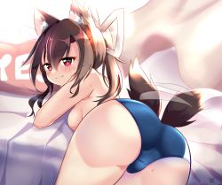 Rule 34 | 1girl, absurdres, afterimage, akiba monaka, animal ears, ass, azur lane, bedroom, black hair, blush, breasts, closed mouth, commentary request, curtains, eyes visible through hair, fang, fang out, furrowed brow, hair between eyes, highres, indoors, long hair, looking at viewer, on bed, pink curtains, red eyes, shigure (attack i-490!) (azur lane), shigure (azur lane), smile, solo, tail, tail wagging, wolf ears, wolf girl, wolf tail