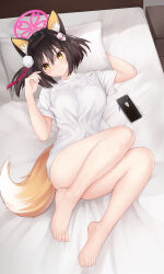 Rule 34 | 1girl, absurdres, animal ears, barefoot, bed, bedroom, blue archive, blush, bottomless, brown hair, cellphone, closed mouth, commentary request, fox ears, fox girl, fox tail, full body, hair ornament, highres, indoors, izuna (blue archive), karurega, no panties, on bed, phone, pom pom (clothes), pom pom hair ornament, shirt, short hair, short sleeves, smartphone, solo, t-shirt, tail, white shirt, yellow eyes