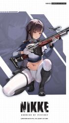 Rule 34 | 1girl, black hair, blush, breasts, brown eyes, cameltoe, dfm (darknessdfm), full body, goddess of victory: nikke, grid background, gun, highres, holding, holding gun, holding weapon, large breasts, long hair, looking at viewer, marciana (nikke), navel, navel piercing, official art, open mouth, pants, piercing, rifle, solo, stomach, thick thighs, thigh strap, thighs, tight clothes, tight pants, weapon, white pants