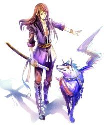 Rule 34 | 00s, 1boy, animal, belt, black hair, boots, bracelet, chain, collar, dog, isee77630, jewelry, kiseru, knee boots, long hair, male focus, smoking pipe, repede (tales), shadow, solo, sword, tales of (series), tales of vesperia, weapon, white background, yuri lowell