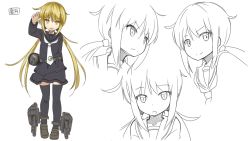 Rule 34 | 10s, 1girl, arm up, belt, black thighhighs, blonde hair, cannon, character name, crescent moon, hayashi naoharu, kantai collection, loafers, long hair, looking at viewer, looking away, low twintails, machinery, moon, multiple views, necktie, open mouth, satsuki (kancolle), school uniform, shoes, simple background, sketch, skirt, standing, thighhighs, torpedo, turret, twintails, very long hair, waving, white background, white necktie, yellow eyes, zettai ryouiki