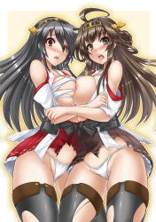 Rule 34 | 10s, 2girls, ahoge, black hair, blush, boots, braid, breast press, breasts, brown hair, detached sleeves, frilled skirt, frills, fundoshi, green eyes, hairband, haruna (kancolle), has bad revision, hug, japanese clothes, kantai collection, kongou (kancolle), large breasts, long hair, md5 mismatch, miniskirt, multiple girls, nekoi hikaru, nontraditional miko, open mouth, panties, personification, red eyes, resolution mismatch, sarashi, siblings, sisters, skirt, source smaller, symmetrical docking, thigh boots, thighhighs, torn clothes, torn legwear, torn skirt, underwear