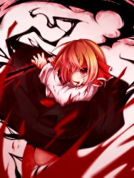 Rule 34 | 1girl, bad id, bad pixiv id, blonde hair, blood, blood on clothes, blood on face, darkness, dress shirt, female focus, hair ribbon, highres, kuroyume (dark495), licking lips, necktie, red eyes, ribbon, rumia, scythe, shirt, short hair, skirt, skirt set, smile, solo, tongue, tongue out, touhou