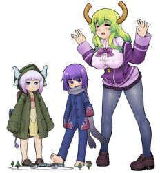 1boy 2girls :d alloyrabbit barefoot blonde_hair blue_eyes blush breasts child closed_eyes cosplay hood hoodie horns kanna_kamui kobayashi-san_chi_no_maidragon large_breasts looking_at_another looking_down lucoa_(maidragon) magatsuchi_shouta multicolored_hair multiple_girls open_mouth purple_eyes purple_hair scarf smile standing tail white_hair