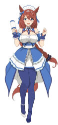 Rule 34 | 1girl, alternate costume, animal ears, apron, bare shoulders, black pantyhose, blue dress, blue eyes, blue footwear, breasts, brown hair, cleavage, clenched hands, dress, enmaided, full body, high heels, highres, horse ears, horse girl, horse tail, large breasts, long hair, maid, maid apron, maid headdress, multicolored hair, open mouth, pantyhose, rattle, smile, solo, streaked hair, super creek (umamusume), tail, teeth, umamusume, upper teeth only, vococo, white footwear, white hair, wrist cuffs
