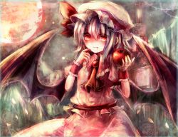Rule 34 | 1girl, apple, artist request, ascot, bad id, bad pixiv id, bat wings, blood, female focus, food, fruit, full moon, hat, light purple hair, maho moco, moon, night, outdoors, red eyes, red moon, remilia scarlet, short hair, sky, smile, solo, touhou, upper body, wings, wrist cuffs
