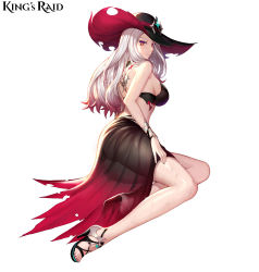 Rule 34 | 1girl, absurdres, ass, bare shoulders, bikini, breasts, closed mouth, commentary request, copyright name, fingernails, full body, gradient clothes, gradient hair, hat, high heels, highres, king&#039;s raid, lips, logo, long hair, looking at viewer, looking back, medium breasts, multicolored hair, nail polish, official art, red eyes, sarong, see-through, shiny skin, simple background, sitting, smile, solo, sun hat, swimsuit, taejoo lee, tattoo, toeless footwear, toes, water drop, wet, white background, white hair