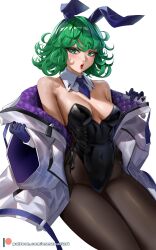Rule 34 | 1girl, animal ears, bare shoulders, black leotard, blue necktie, breasts, covered navel, curly hair, detached collar, enma (enmanuelart), fake animal ears, gloves, green eyes, green hair, hands up, highleg, highleg leotard, highres, jacket, leotard, long sleeves, looking at viewer, medium breasts, necktie, nostrils, one-punch man, open clothes, open jacket, pantyhose, parted lips, patreon logo, patreon username, playboy bunny, rabbit ears, red lips, simple background, solo, strapless, strapless leotard, tatsumaki, watermark, web address, white background, white jacket, wide sleeves