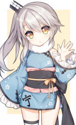 Rule 34 | 1girl, :o, beige background, blue kimono, blush, bow, brown bow, brown eyes, frilled sleeves, frills, fur collar, grey hair, hair ornament, hand up, head tilt, japanese clothes, kimono, long hair, long sleeves, multicolored hair, ning hai (warship girls r), obi, parted lips, sash, short kimono, side ponytail, single thighhigh, sleeves past fingers, sleeves past wrists, solo, tengxiang lingnai, thighhighs, two-tone hair, warship girls r, white background, white thighhighs, wide sleeves