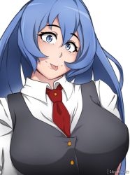Rule 34 | 1girl, artist name, blue eyes, blue hair, blush, boku no hero academia, breasts, hadou nejire, highres, large breasts, long hair, looking at viewer, necktie, red necktie, school uniform, shirt, shymiruku, solo, tongue, tongue out, upper body, very long hair, vest, white background, white shirt