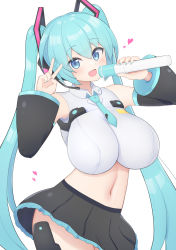 Rule 34 | 1girl, alternate breast size, black skirt, blue eyes, blue hair, blue nails, blue necktie, blush, breasts, collared shirt, cropped shirt, detached sleeves, doll joints, frame arms girl, hatsune miku, head tilt, headset, heart, highres, holding, holding microphone, joints, large breasts, looking at viewer, microphone, midriff, nail polish, navel, necktie, shirt, skirt, subten, twintails, v, vocaloid, white shirt
