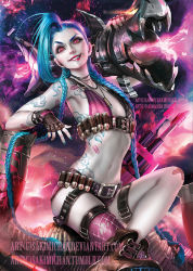 Rule 34 | 1girl, bad id, bad pixiv id, bare shoulders, belt, blue hair, blue nails, boots, braid, bullet, cannon, crossed bandaids, fingerless gloves, fishnet thighhighs, fishnets, flat chest, gloves, grin, hairline, jewelry, jinx (league of legends), league of legends, long hair, looking at viewer, nail polish, navel, necklace, over shoulder, pale skin, purple thighhighs, red eyes, sakimichan, single thighhigh, smile, solo, tattoo, thigh strap, thighhighs, twin braids, very long hair, watermark, weapon, weapon over shoulder, web address