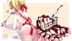 Rule 34 | 1girl, ahoge, apron, ass, back, bare shoulders, blonde hair, blush, braid, breasts, cake, fate/extra, fate (series), feet, food, fork, french braid, fruit, green eyes, hair between eyes, hair bun, hair intakes, highres, ladle, large breasts, long hair, looking at viewer, looking back, lying, naked apron, nero claudius (fate), nero claudius (fate) (all), nero claudius (fate/extra), on stomach, outside border, perspective, single hair bun, soles, strawberry, suryua, toes, white apron